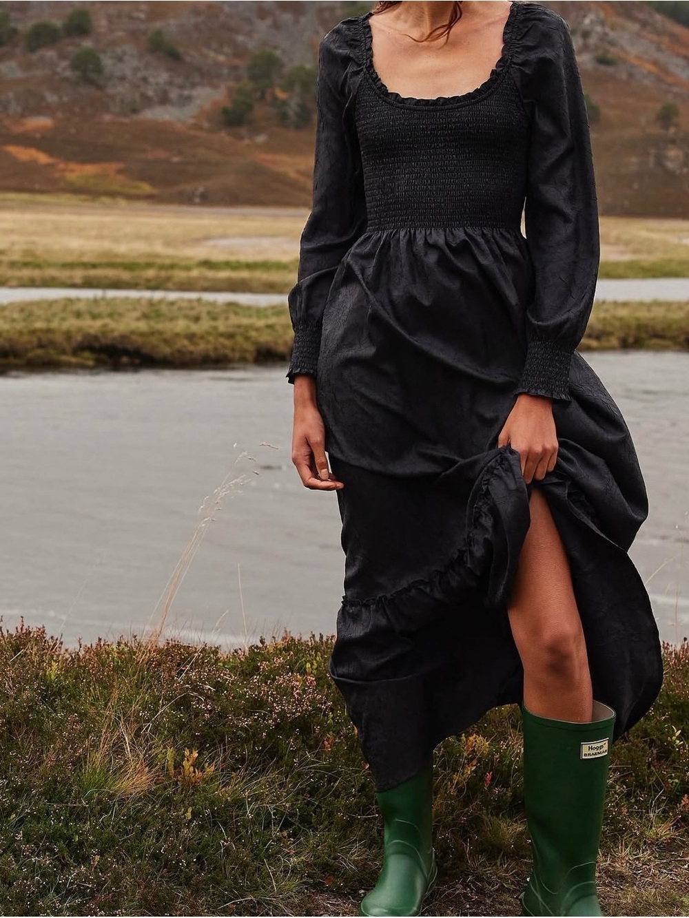 Hill House Emily Black Crinkle Smocked Long Sleeve Maxi Dress